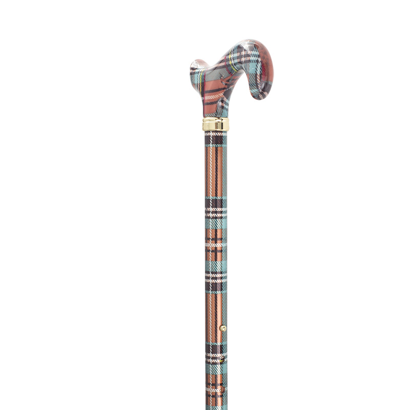 Orange Multi-Coloured Tartan Adjustable Walking Cane with Derby Handle