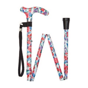 Ziggy White Floral Petite Handle Folding Adjustable Walking Stick