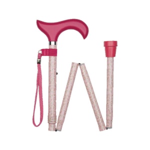 Ziggy Pink Floral Folding Height-Adjustable Walking Stick with Derby Handle