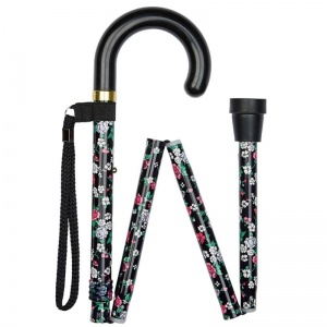 Height-Adjustable Folding Floral Walking Stick with Crook Handle