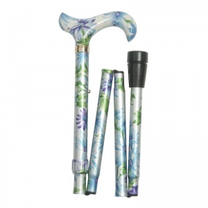 Adjustable Folding Elite Derby Handle Blue and Green Floral Walking Stick