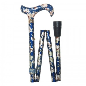 Adjustable Folding Elite Derby Handle Dark Blue Floral Walking Stick