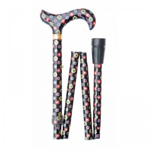 Adjustable Folding Fashion Derby Handle Dots and Daisies Walking Stick