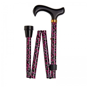 Adjustable Folding Fashion Value Derby Handle Black Floral Walking Cane