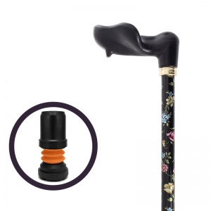 Adjustable Orthopaedic Black Floral Walking Cane with Flexyfoot Ferrule
