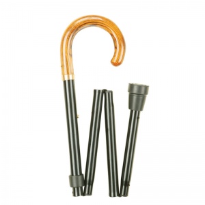 Height-Adjustable Folding Black Aluminium and Wooden Crook Handle Walking Stick