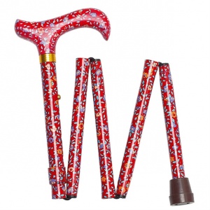 Height-Adjustable Mini Folding Red Floral Derby Patterned Handle Walking Stick