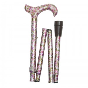 Adjustable Folding Elite Derby Handle Pink Floral Walking Stick