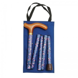 Handbag-Sized Adjustable Folding Navy Sprigged Floral Walking Cane