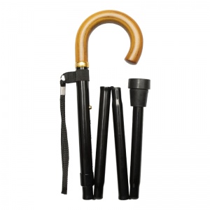 Height-Adjustable Folding Black Aluminium and Wooden Crook Handle Walking Stick