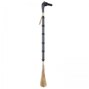 Black Horse Handle Long Wooden Shoe Horn with Gold Hanging Loop