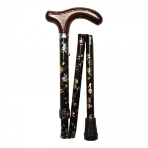 Ultra Petite Black Floral Adjustable Folding Walking Stick