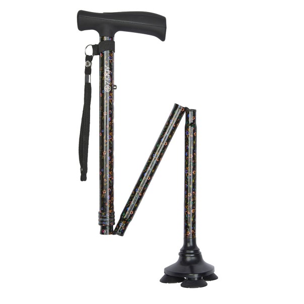 Ziggy Floral Tribase Height-Adjustable Folding Walking Stick with Crutch Handle