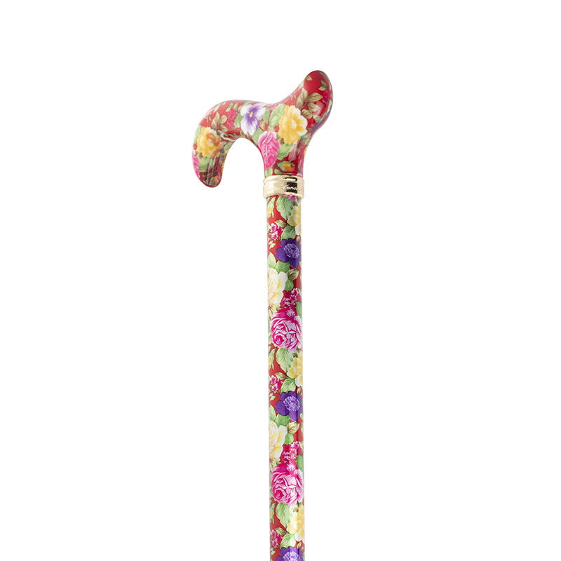 Aluminium Derby-Handle Height-Adjustable Lightweight Walking Stick (Red Floral)
