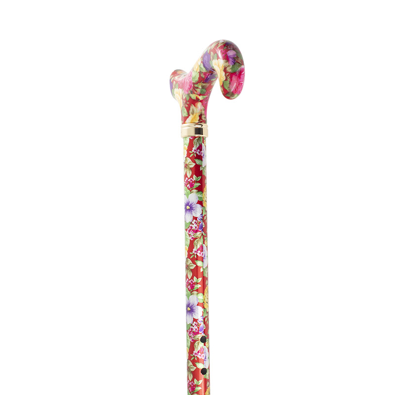 Aluminium Derby-Handle Height-Adjustable Lightweight Walking Stick (Red Floral)