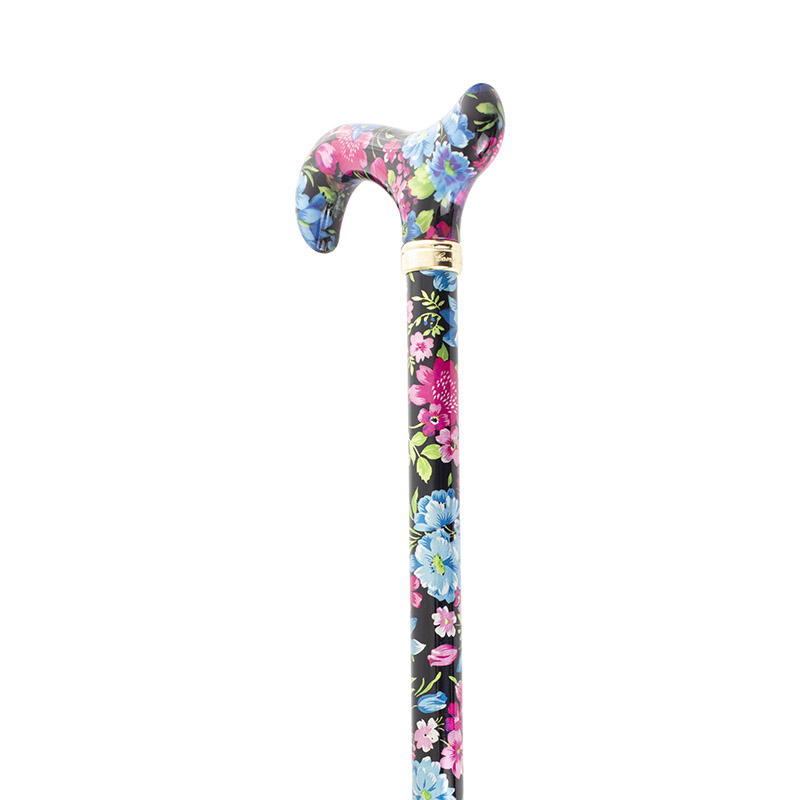 Aluminium Derby-Handle Height-Adjustable Lightweight Walking Stick (Black/Vivid Floral)