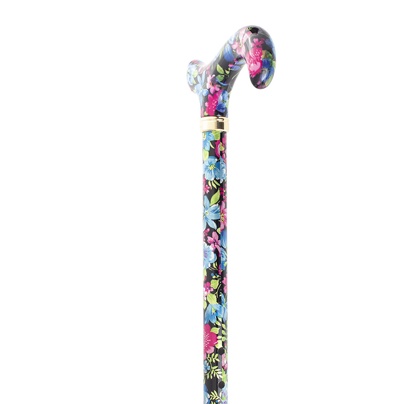 Aluminium Derby-Handle Height-Adjustable Lightweight Walking Stick (Black/Vivid Floral)