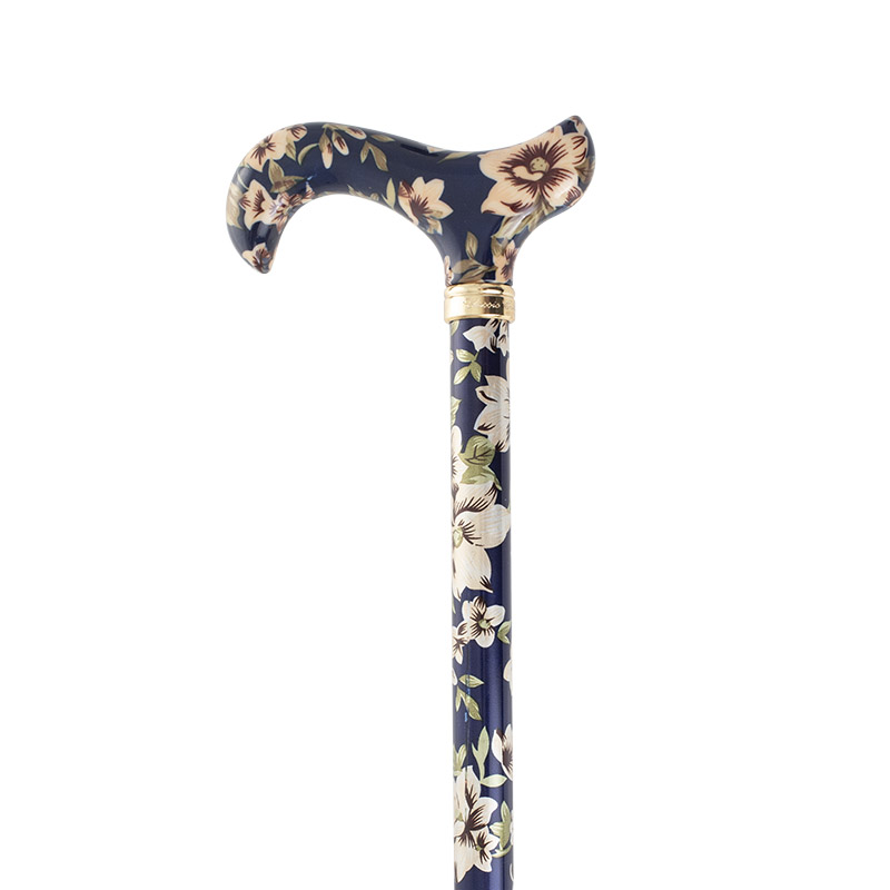 Aluminium Derby-Handle Height-Adjustable Lightweight Walking Stick (Dark Blue Floral)
