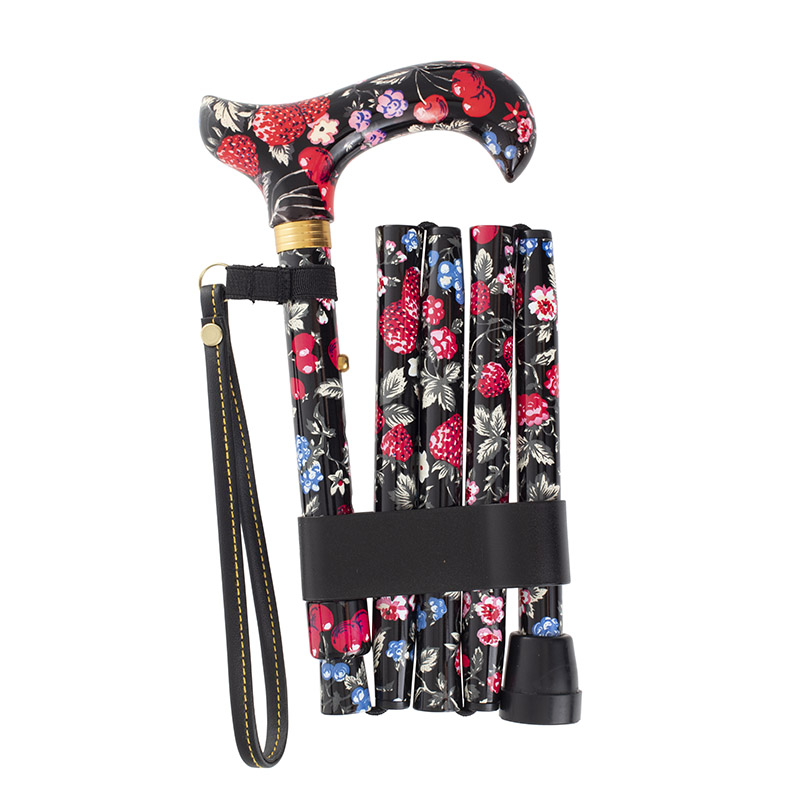 Height-Adjustable Mini Folding Fruit-Print Derby Patterned Handle Walking Stick