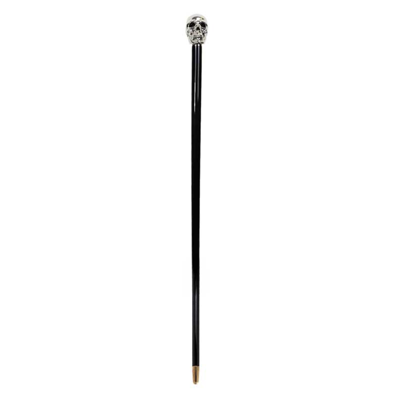 Formal Black Hardwood Walking Cane with Silver-Plated Skull Handle