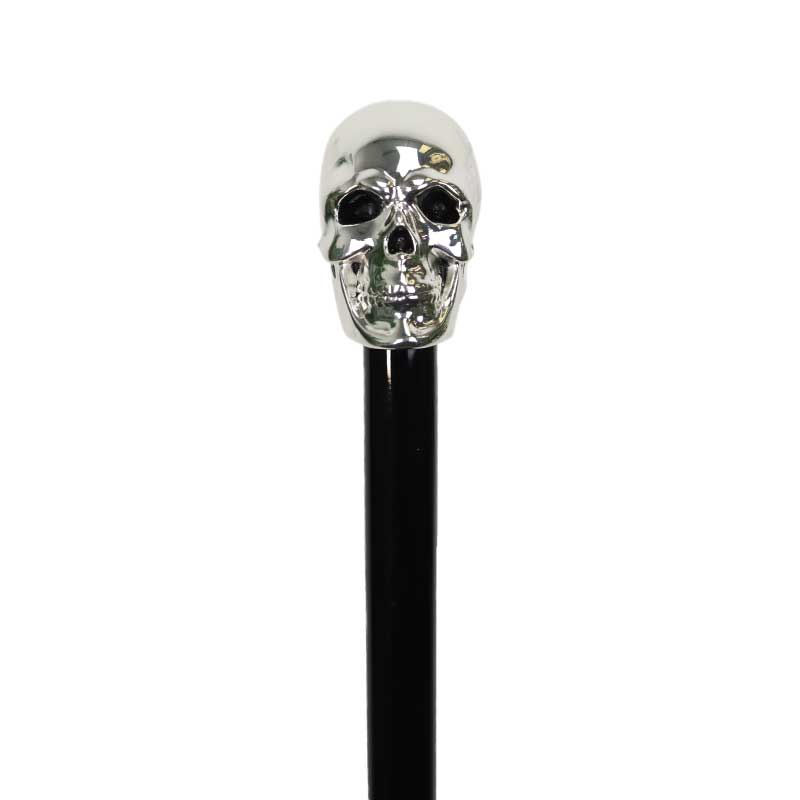 Formal Black Hardwood Walking Cane with Silver-Plated Skull Handle