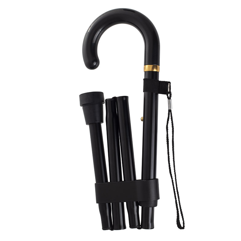 Height-Adjustable Folding Black Crook Handle Walking Stick