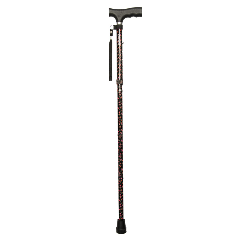 Ziggy Black Floral Height-Adjustable Folding Walking Stick with Crutch Handle