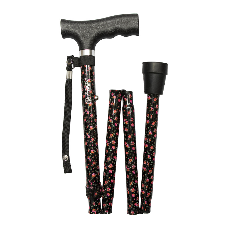 Ziggy Black Floral Height-Adjustable Folding Walking Stick with Crutch Handle