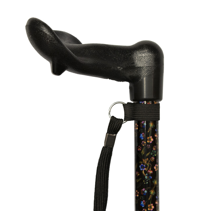 Ziggy Black Floral Shock-Absorbing Height-Adjustable Walking Stick with Anatomical Handle