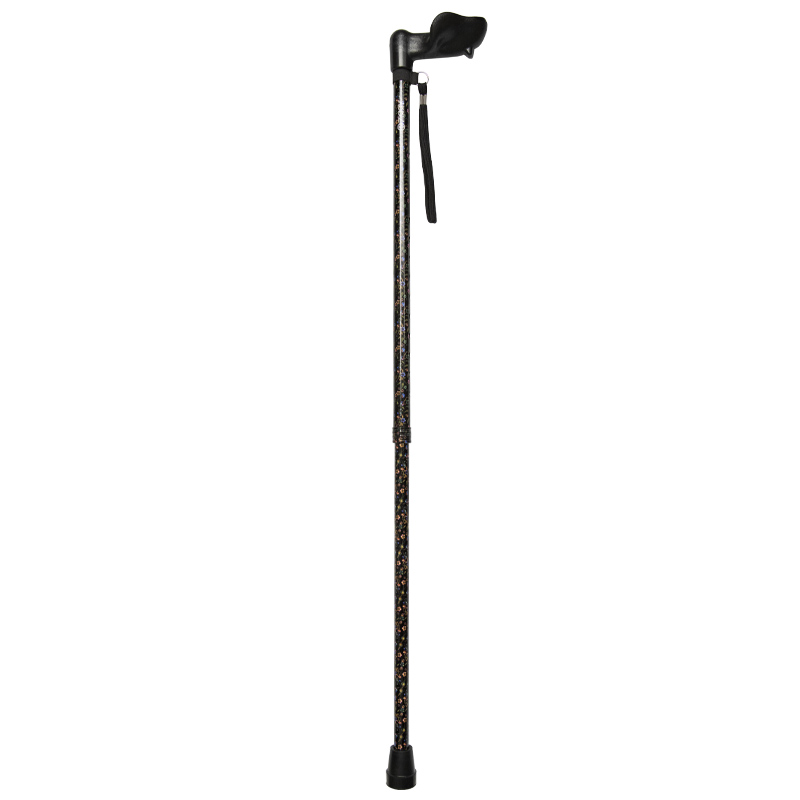 Ziggy Black Floral Shock-Absorbing Height-Adjustable Walking Stick with Anatomical Handle