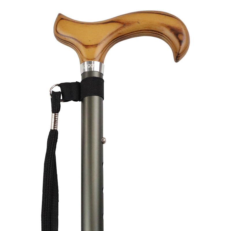 Ziggy Gunmetal Grey Folding Height-Adjustable Walking Stick with Wooden Derby Handle