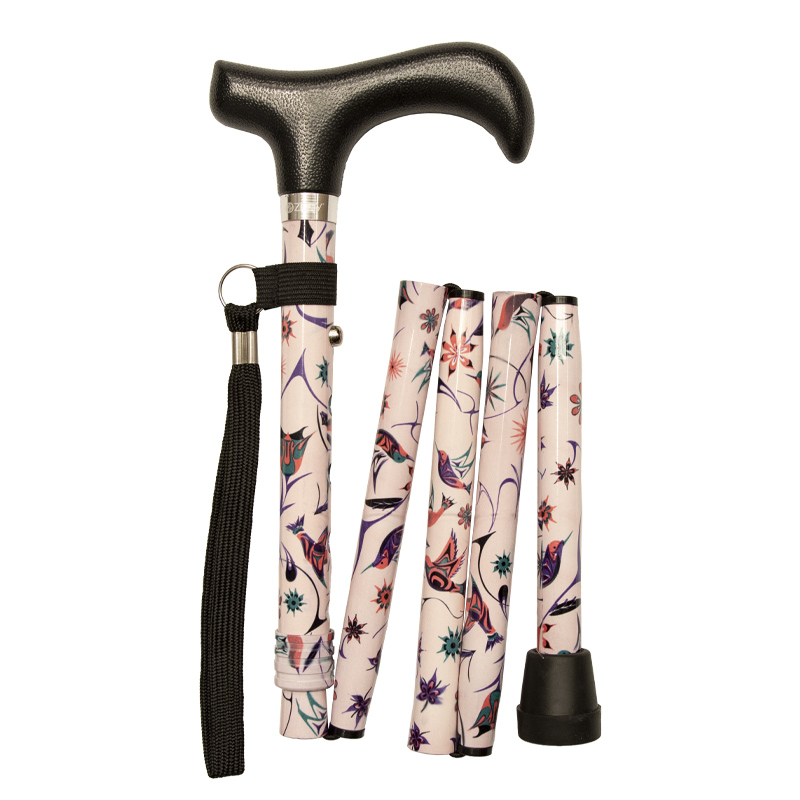 Ziggy Pink Floral Height-Adjustable Folding Walking Stick with Derby Handle