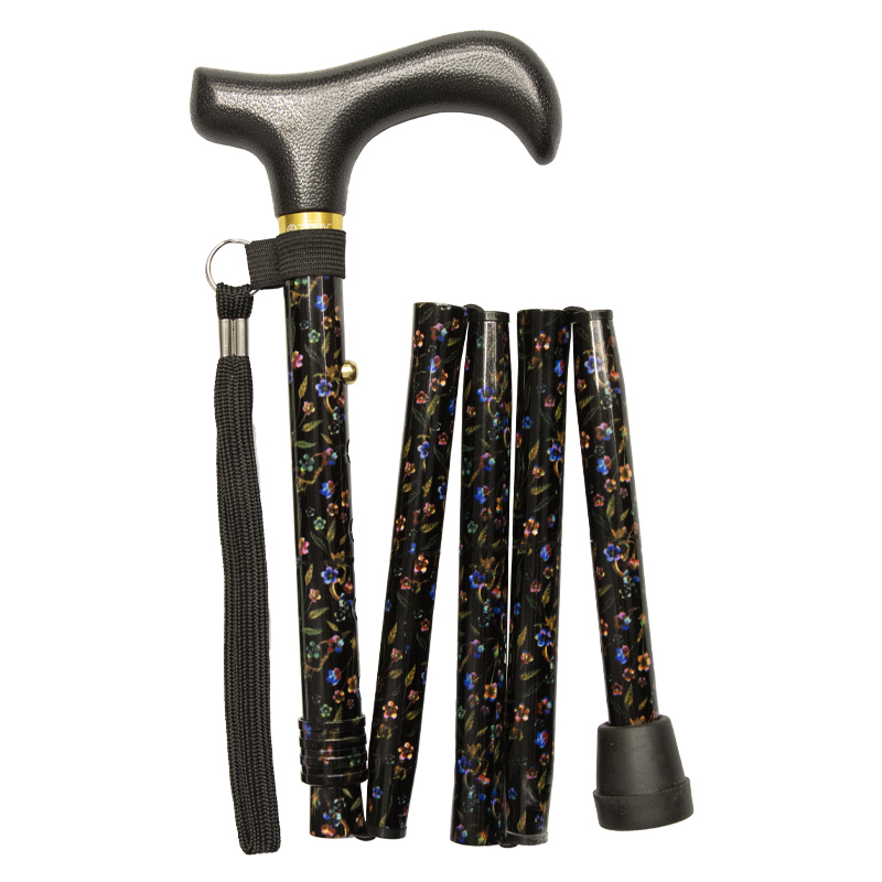 Ziggy Black Floral Height-Adjustable Folding Walking Stick with Derby Handle